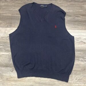 Polo Ralph Lauren Sweater Vest Mens XL Navy Blue V-neck Pullover Pima Cotton EUC